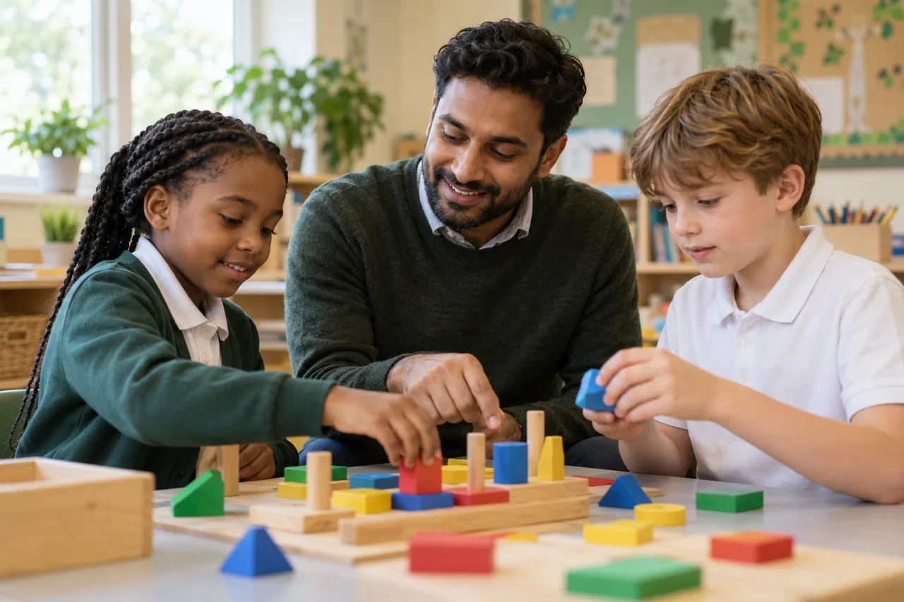 A teaching assistant and two children sharing a classroom learning activity.